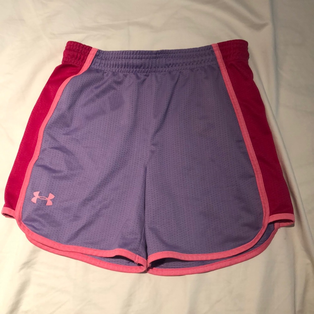 Pink and purple under armor exercise shorts